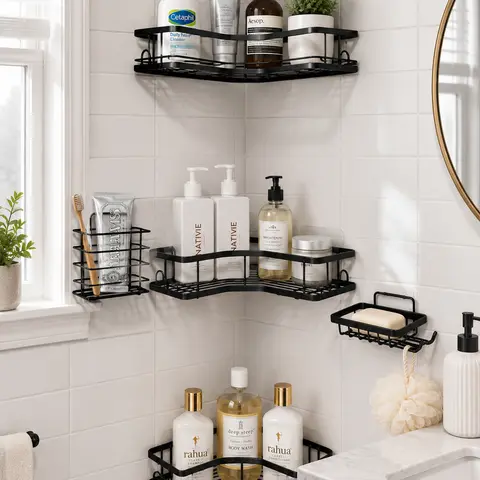 【Back to School】5-Piece Minimalist Hollow Round Pink Stainless Rust-Proof Steel Shower Caddy - No Drill Self-Adhesive Sticky Hook, Waterproof Wall-Mounted Organizer, 5-Slot Kit for Shampoo, Soap, Toothbrush, Dorm Essential Gift Bath Decor