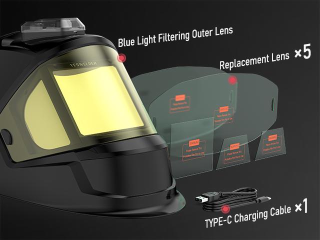 YESWELDER LYG-1980GK Panoramic True Color Auto Darkened Welding Helmet | 6 Sensors, Side Lens DIN5 & USB-C Charging | Wide Shade 5-9/9-13 Hood for MIG TIG Arc Grinding