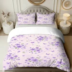 3PCS Duvet Cover Set, 1 Duvet+2 Pillowcases(Without filler), Purple Floral Butterfly Nature Elegant Romantic theme, Easter bedding set, Floral Lavender Design Suitable for decoration Bedroom, Guest Room, Hotel, Apartment.