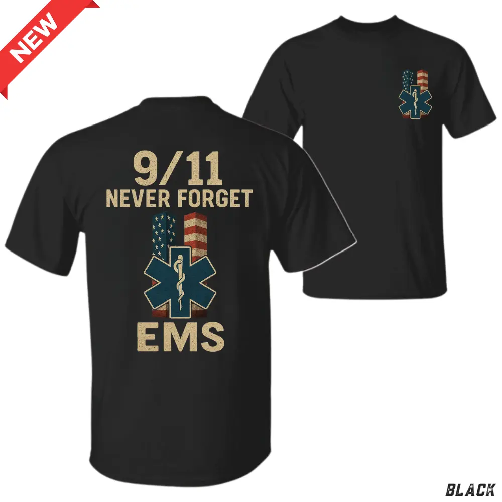 EMS 9/11 Never Forget T-Shirt, American Flag & Star of Life Graphic, EMS Memorial Shirt for Paramedics & EMT Workers, Tribute Gift for First Responders