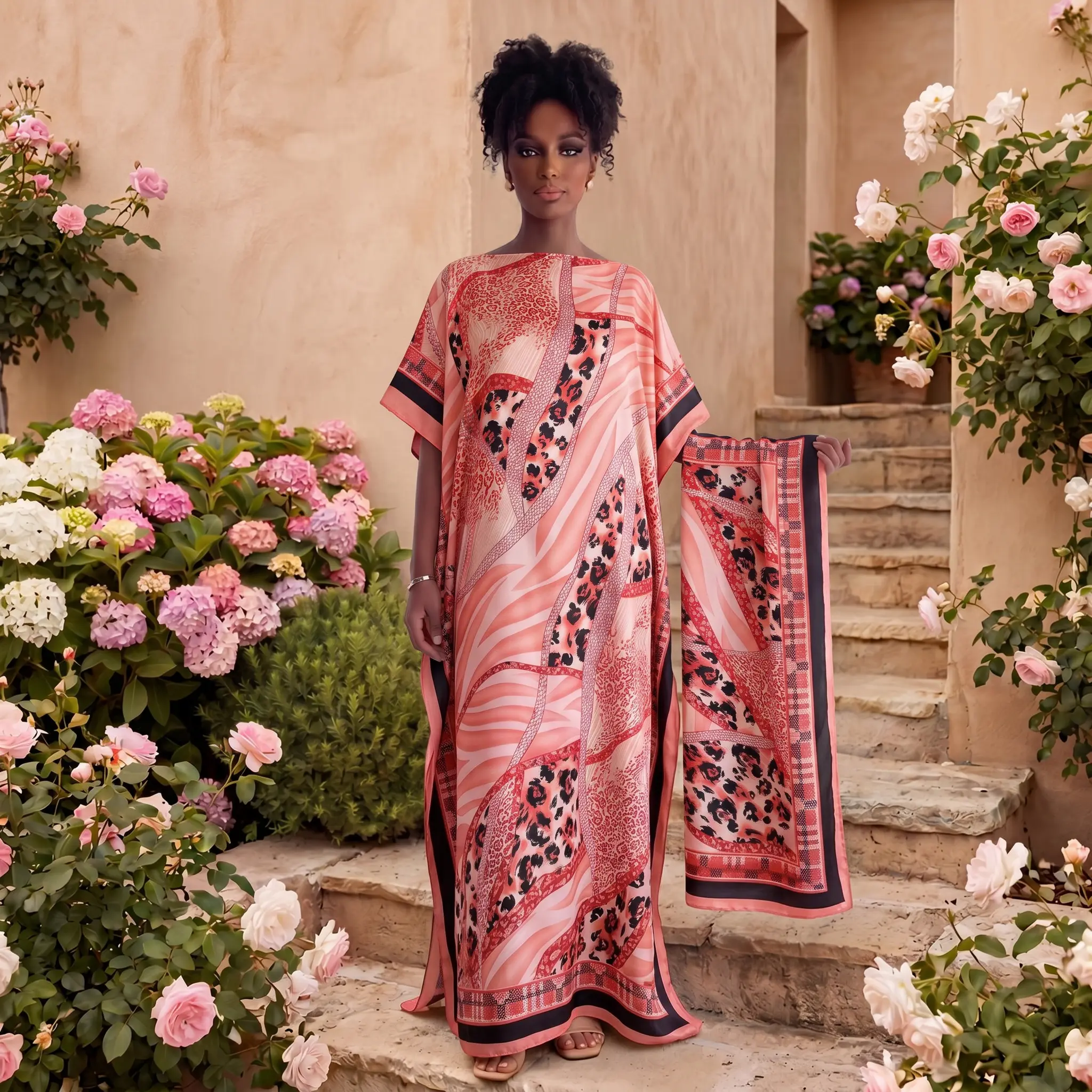 MOO MOO Women’s printed long dress and scarf set; Bohemian casual shawl dress with scarf; relaxed loose beachwear; soft and comfortable; suitable for all seasons; a must-have for seaside vacations. Matching Outfit