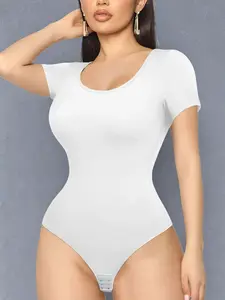High Elasticity Silky Lightweight Bodysuit Short Sleeve, Round Neck Elegant Design, Breathable Invisible Fit, All Season Wear, Shapewear