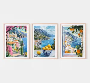 Amalfi Coast Paintings Colorful Summer Mediterranean Prints Set of 3 Italy Coastal Art Decor