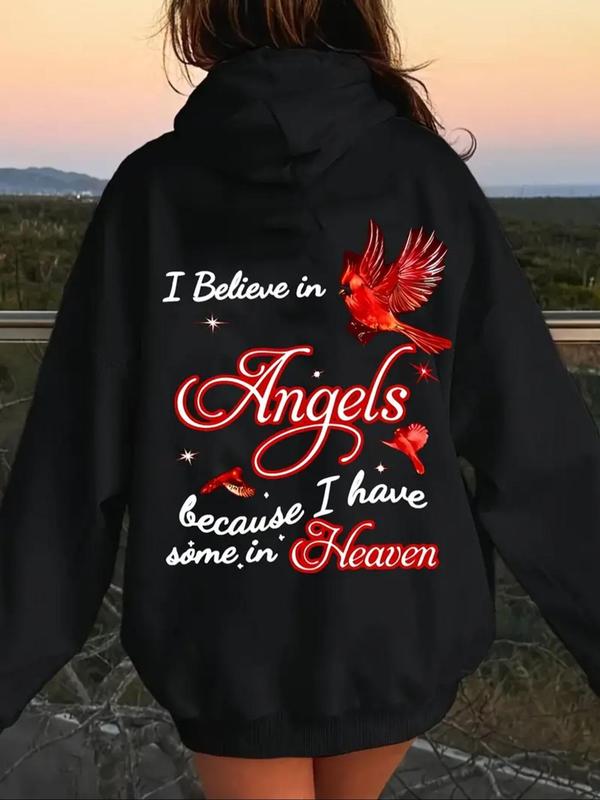 Bird & Letter Print Drop Shoulder Hoodie, Fashion Casual Drawstring Pocket Hooded Sweatshirt for Daily Holiday Outdoor Wear, Women Clothing for Fall & Winter