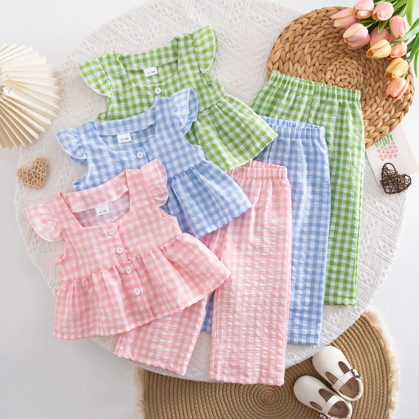 Thorn Tree Baby Girls Clothing Outfit Set - Ruffle Sleeve Button-Up Dress Top, Plaid Linen Pants, Plaid Gift Sets, Toddler Wear for Spring Summer, Plaid Baby Girls Gift Sets