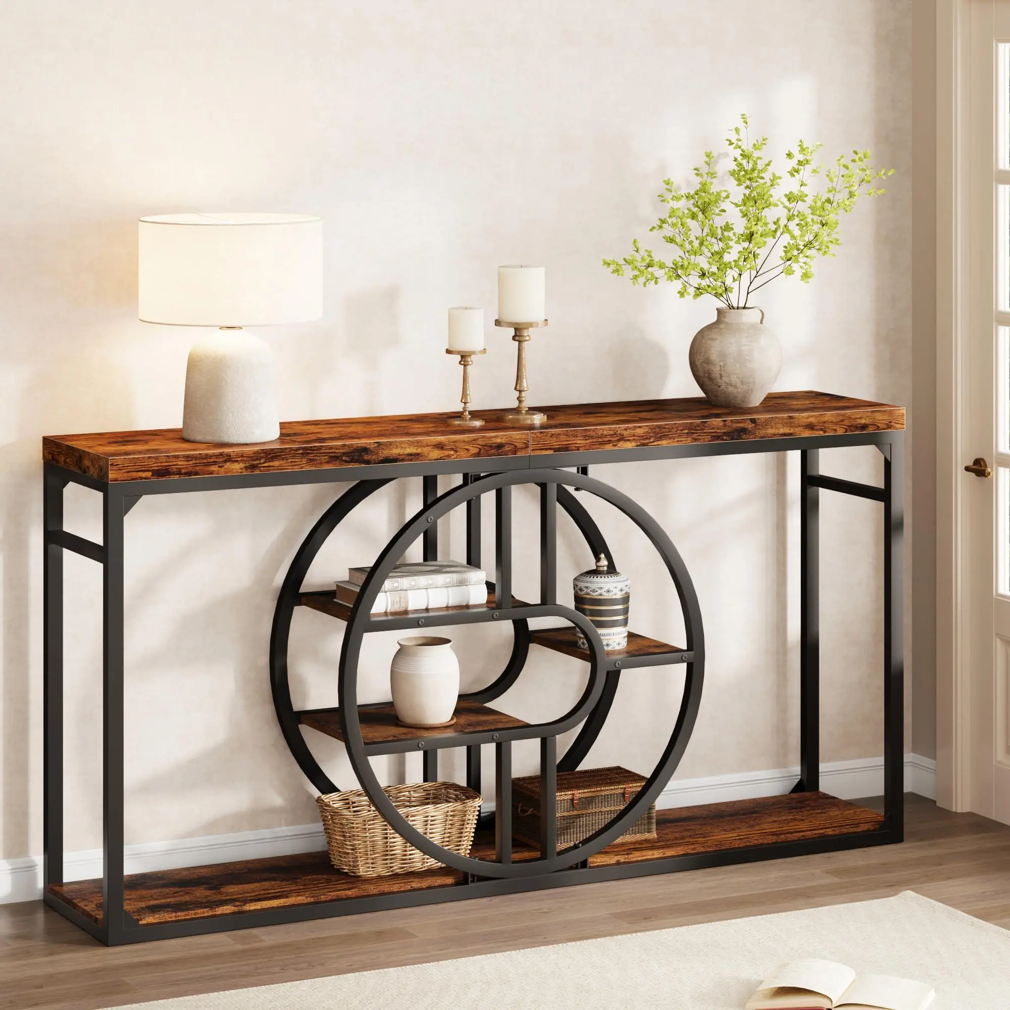 55" Industrial Entryway Table, 5-Tier Narrow Console Table with o-Shaped Metal Frame, Storage Sofa Table for Living Room, Hallway & Entrance