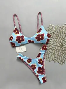 Sunspun x  Women's Reversible Plaid & Floral Print Tie-Back Two Pieces Bikini Set Set, Beach Holiday Vacation Black Summer