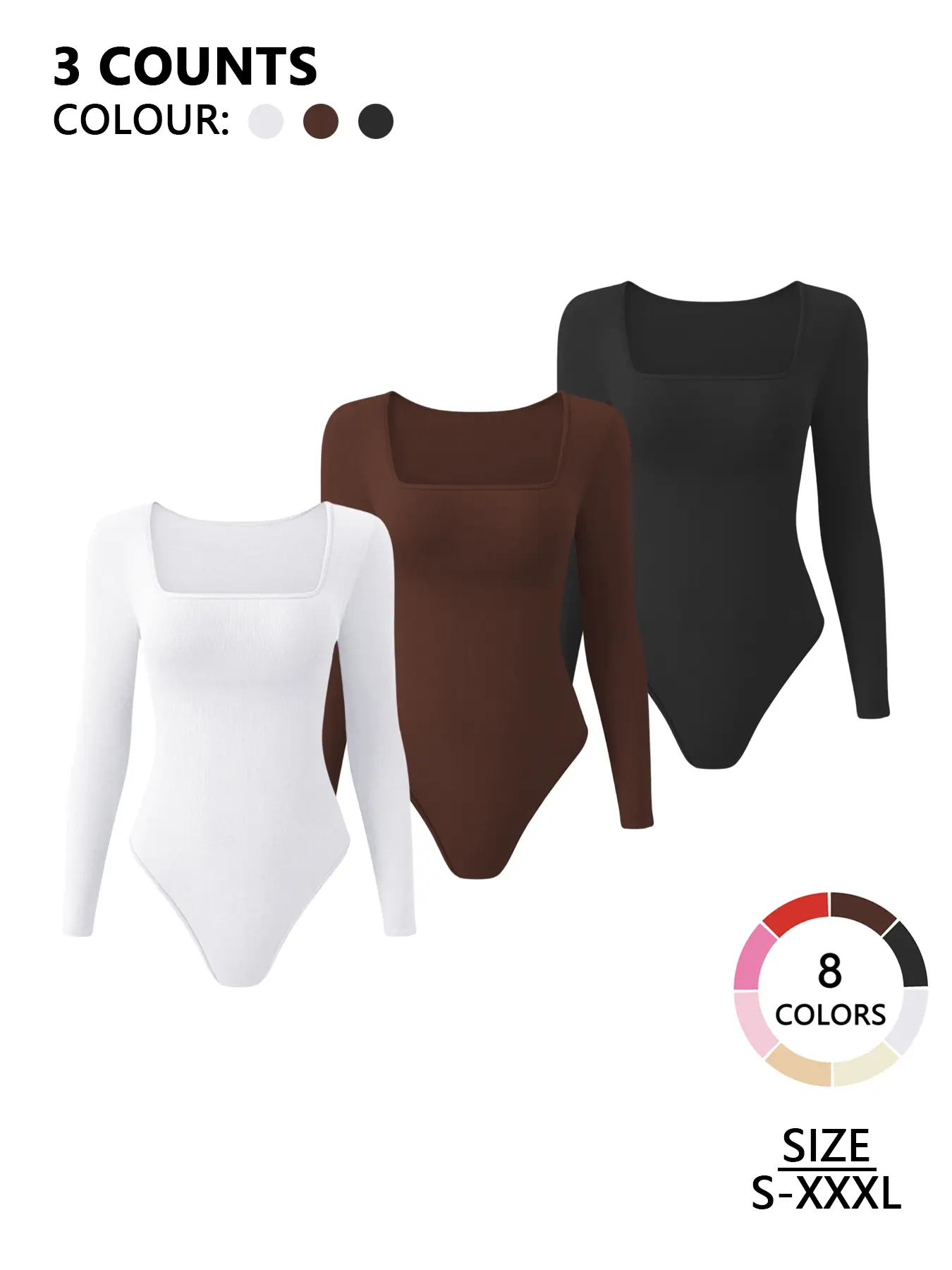 Women's Long Sleeve Square Neck Swan Collar Thong Design Contoured Bodysuit, Faja Shapewear Bodysuit, Sexy Simple Minimalist Casual Fitted Shapewear for Daily Wear, Tummy Control & Waist Slimming, Outerwear & Underwear for Multi-Scene Wear
