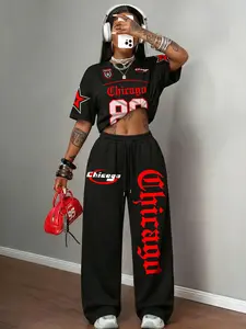 Women's Casual Streetwear 80s Number 'chicago' Print Round Neck Short Sleeve Fit Tee and Loose Drawstring Pants Set, Summer, Womenswear