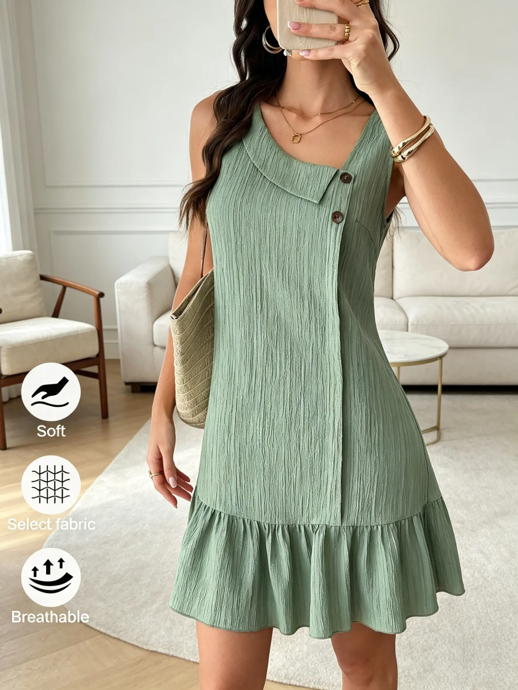 Women's 2026 Summer New Basic Sleeveless A-Line Midi Dress - Ruffled Flounce Hem, Pleated Crinkles, Crinkle Texture, Sage Green, for Beach Vacation, Travel, Size L(145–167), Size S(110–128) Casual Dress