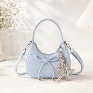 Mini Star Charm Shoulder Bag for Women, Cute Bowknot Small Crossbody Purse with Detachable Strap, Lightweight Zipper Handbag for Daily Outfits, Dating, Travel