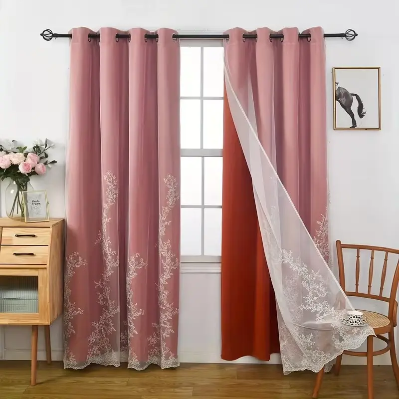 1pc Luxurious Korean Style Two-Layer Curtain Set, Drapes with Embroidered Sheer, Ideal for Bedroom Living Room Balcony