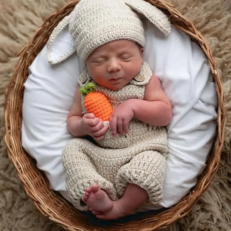 QYNewborn Baby Bunny Rabbit Crochet Knitted Photography Props Cute Infant Newborn Baby Outfits Diaper Costume Baby Clothing Newborn Gift Set