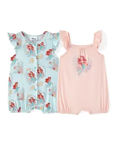 PatPat Disney Princess Baby Girl 2-Pack Romper Set Official Ariel Cinderella Belle Infant Bodysuit with Ruffle Sleeves Soft Breathable Snap Closure Jumpsuit for Newborn to 24 Months Ideal Baby Shower Gift