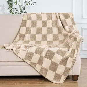 Cream & Taupe Checkerboard Boho Neutral  Throw Blanket, 1 Count Fuzzy Plush Cozy Warm All-Season Blanket, Nap Blanket for Couch Sofa Bedroom Living Room, Neutral Home Decor Gift for Men Women