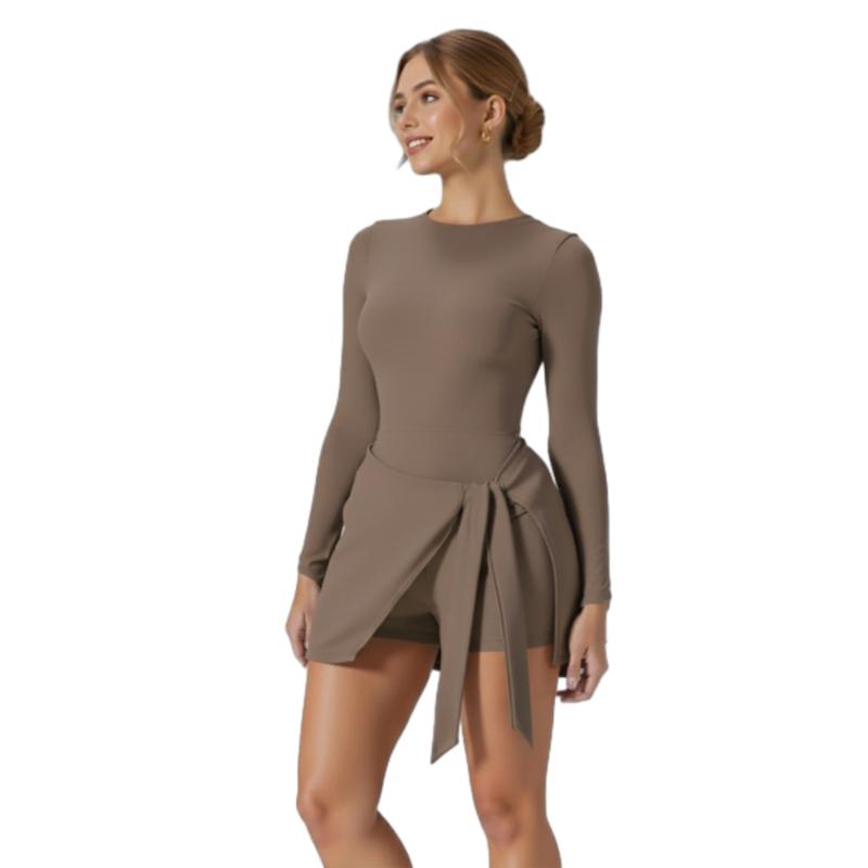 Women's Long Sleeve Tennis Dress with Ruffle Side Slit & Built-in Shorts for Yoga Golf Athletic Activities Homecoming Dress Activewear Machine Washable High Stretch Knit Fabric