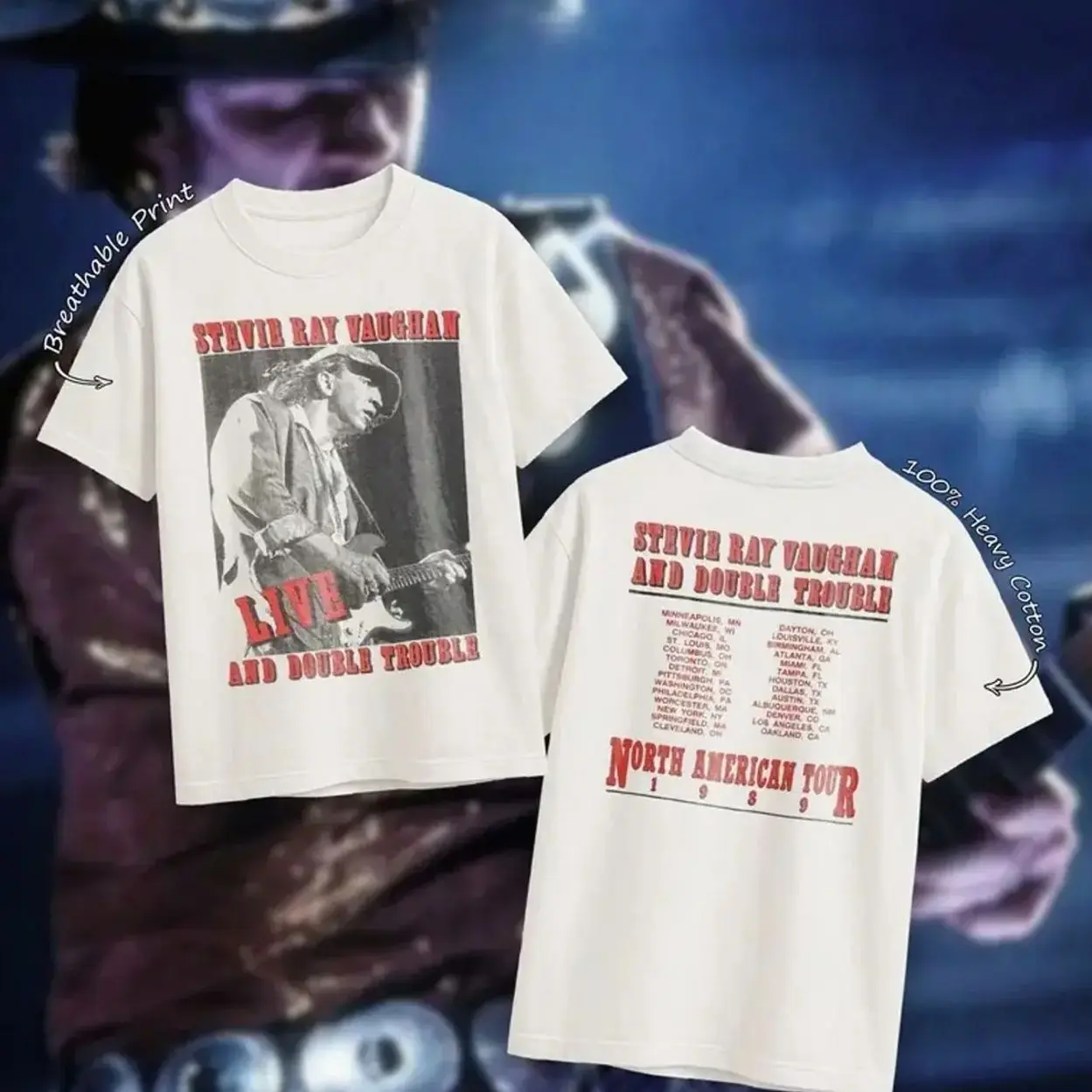 Stevie Ray Vaughan SRV Double Trouble 1989 North American Tour Graphic T-Shirt, Blues Rock Music Shirt for Fans