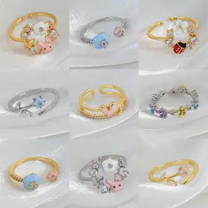 Spring and summer macaron-colored oil-drip flower heart ring with zircon inlay, open niche ring for women, personalized index finger ring