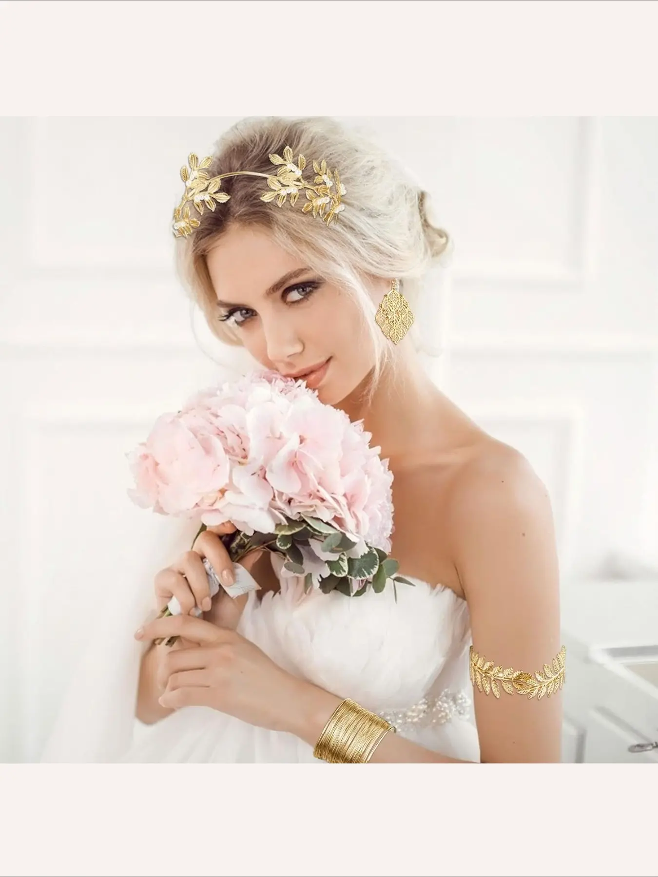 Greek Goddess Costume Accessories Set Pearl Crown Laurel Leaves Earrings 5pcs Gold Greek Goddess Costume Accessories, Headpiece  main image 4