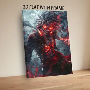 Fiery Anime Character Canvas Wall Art, Glowing Red Eyes Fantasy Fighter Framed Print, Dark Aesthetic Room Decor, Ready to Hang Framed Canvas Wrap