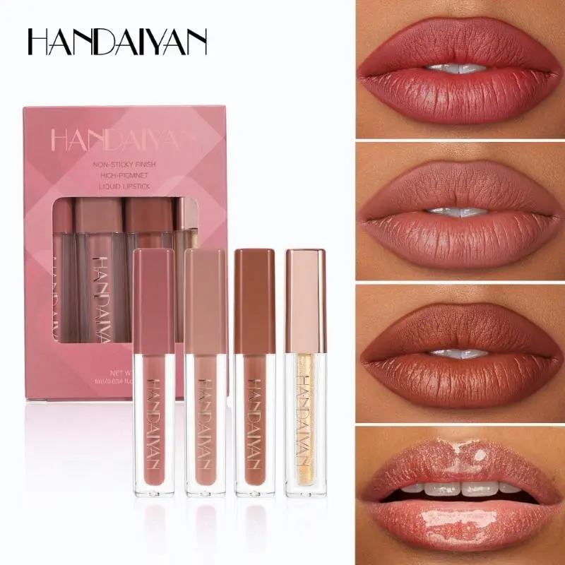 Lip Gloss 4 Count Set Waterproof Easy Coloring HANDAIYAN Lip Stain Gloss Lip Gloss Set Matte Non-stick Cup Lip Gloss Set Lip Kit Set