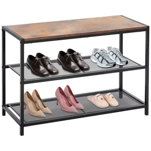 3-Tier Shoe Bench with Storage, Industrial Entryway Sturdy Shoe Rack Organizer Bench with Mesh Shelves for Entryway, Hallway & Living Room, Easy Assembly