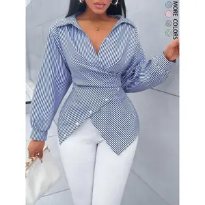 Women’s striped print button-front shirt, asymmetrical hem, wrap blouse, fall outfits, long sleeves, winter clothing, elegant, daily commuting, going out, casual