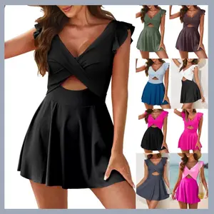 Women's Ruffle Swim Dress - Cross-Back, Tie-Back, Tummy-Flattering Modest Swimwear, Bathing Suit, Women's Swimsuits