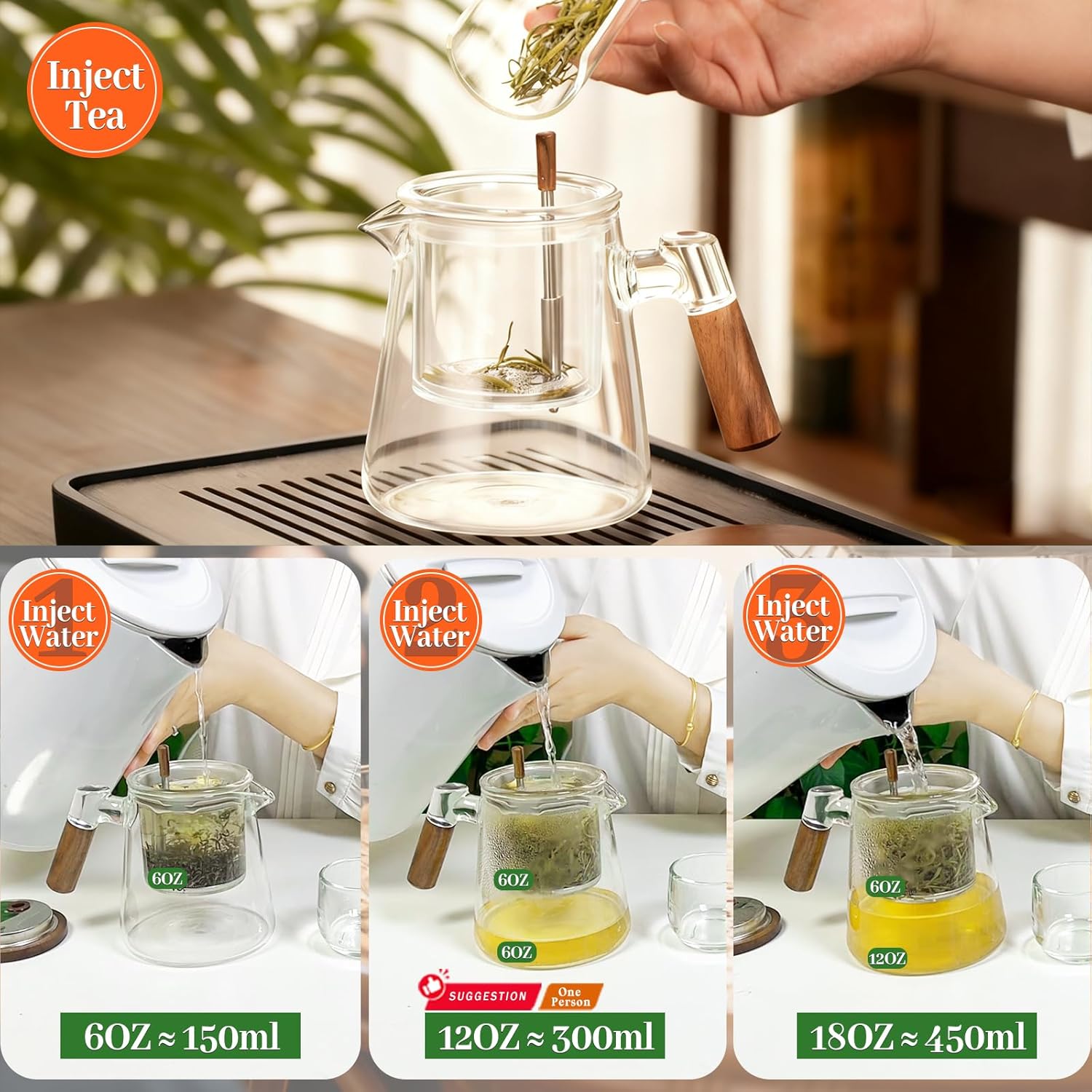 650ml/22oz Glass Teapot with Strainer - Glass Wood Portable Tea Tumbler with Removable Infuser, Button-Press Tea-Soup Filter, for Outdoor and Home Use