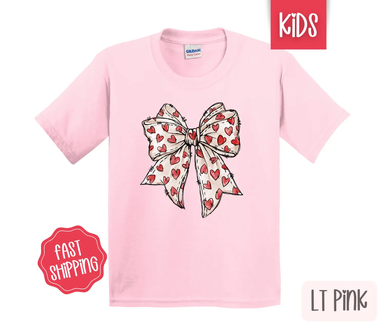 Red Heart Bow 2 Kids Shirt - Valentine's Day Children's Tshirt - Youth Tee Gildan