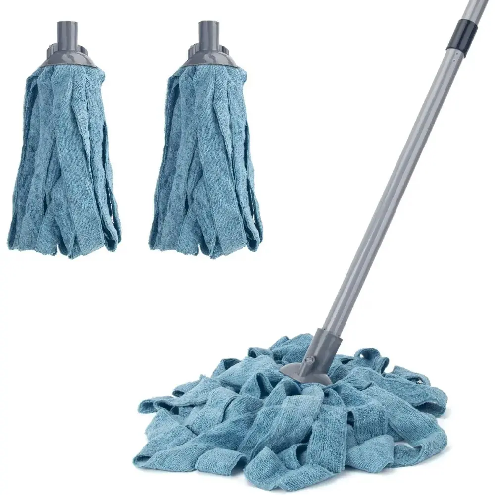 Mops for Floor Cleaning, One Mop Handle With 2 Blue Microfiber Cloth Mop Heads Replacement, String Wet Mop Refills Compatible With 0.8" Diameter Stick(1 Pole & 2 Heads)