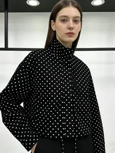 Women's Stand Collar Polka Dot Drawstring Long Sleeve Short Jacket, Casual Loose-Fitting Outerwear, Spring & Fall Fashion, Full Placket Zipper Design