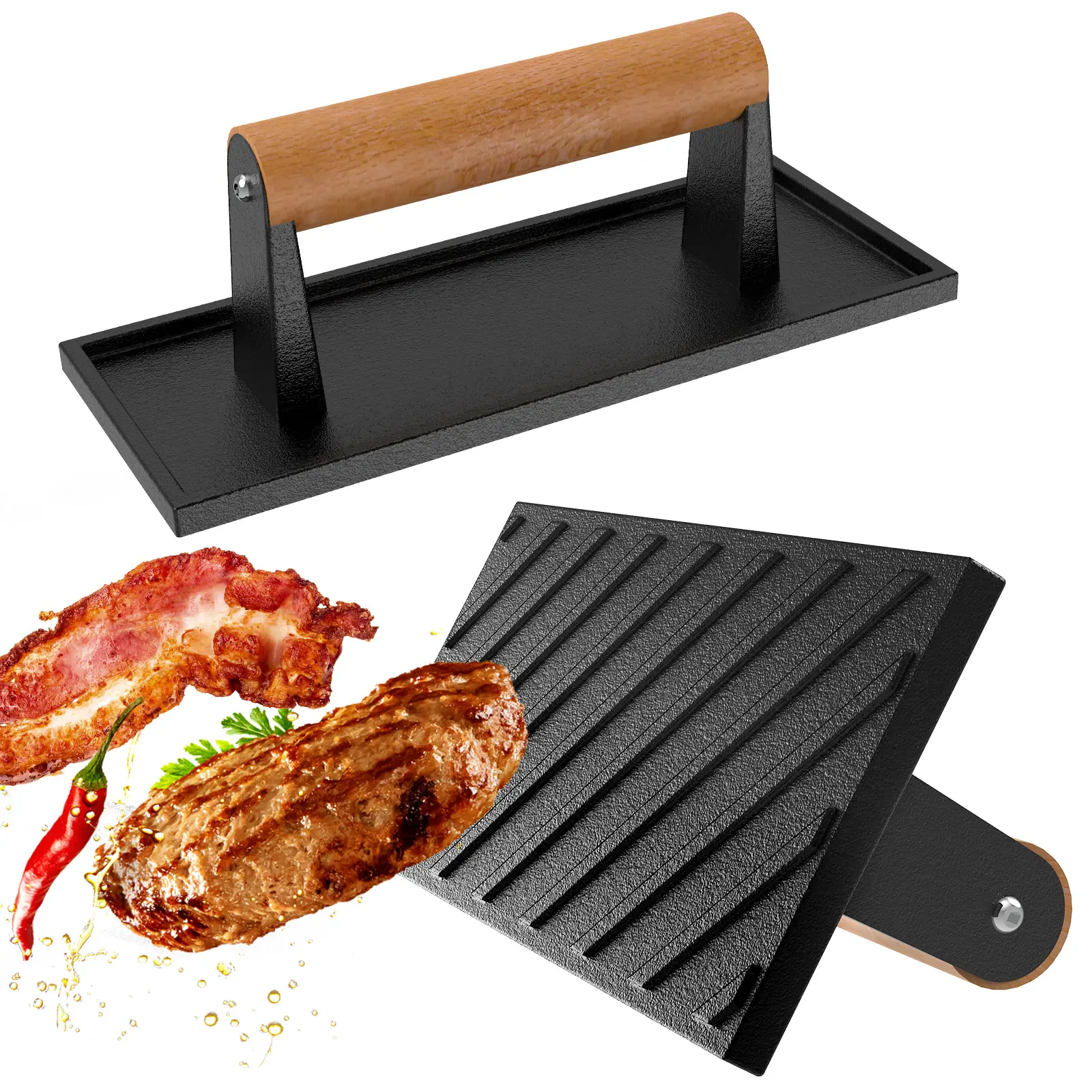 BESTFIRE Burger Press – 8.5" x 3.4" Rectangle Heavy Duty Cast Iron Smash Burger Press with Heat Resistant Wooden Handle, Griddle Accessories for Blackstone Griddle, Ideal for Panini, Steak, Sandwiches & Bacon
