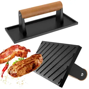 BESTFIRE Burger Press – 8.5" x 3.4" Rectangle Heavy Duty Cast Iron Smash Burger Press with Heat Resistant Wooden Handle, Griddle Accessories for Blackstone Griddle, Ideal for Panini, Steak, Sandwiches & Bacon