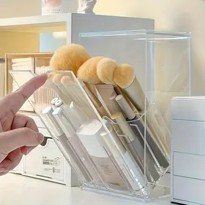Clear Acrylic Dustproof Makeup Brush Holder, Adjustable Multi-Compartment Transparent Cosmetic Organizer, Desktop Storage Box for Makeup Tools Perfume Lipsticks, Keep Vanity Countertop Clutter-Free, Easy Clean Space-Saving for Women Bedroom Bathroom