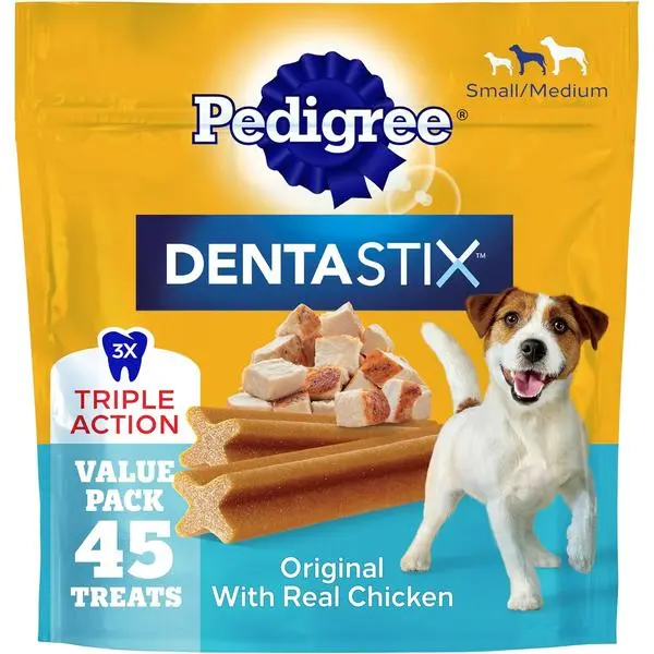 Dentastix Dog Dental Treats – Chicken Flavor Chews for Small & Medium Dogs, Fresh Breath & Tartar Control (45 Count, 21.1 oz)