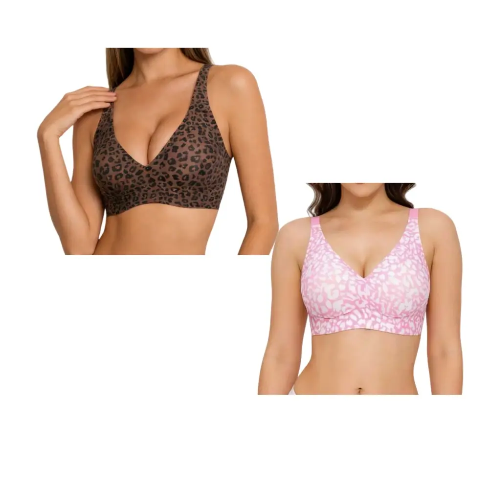 Women's 2-Pack Everyday Bras, Womenswear Wire-Free Bras with Soft Elastic Underband for Chest Pressure Relief, Steady Bottom Support, Shoulder Mark & Chest Indentation Prevention During Long-Hour Wear Brown Casual, Leopard Print, Low Cut, Adjustable Strap