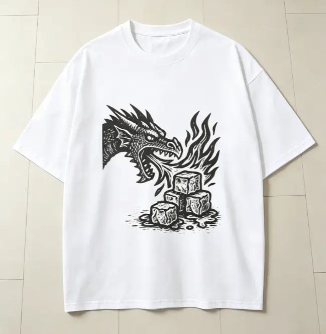 Vintage Woodcut Dragon Breathing Fire On Ice Cubes Graphic T-Shirt, Unisex Retro Fantasy Casual Tee, 100% Cotton Printed Craft SummerVibes Casual Top, Relaxed Soft Breathable unisex summer clothing summer outfits unisex