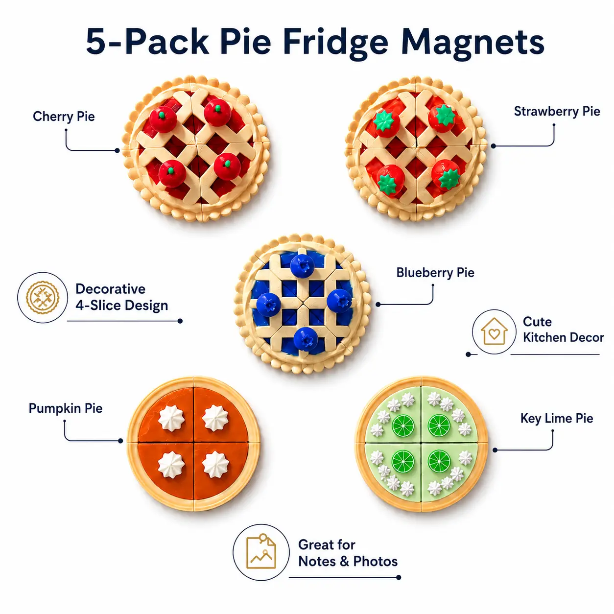 Plastic Pie Slice Refrigerator Magnets - 5-Pack 4-Slice Design, Strawberry, Cherry, Blueberry, Pumpkin, Key Lime Styles, Cute Kitchen Decor for Notes & Photos, Party Theme Accessory, Plastic+Magnet