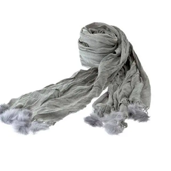 Fashion Classic Crinkled Pompom Fur Ball Solid Soft Scarf Gray
