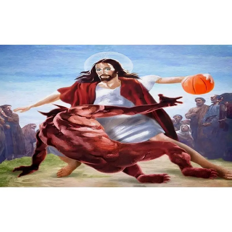 Jesus Basketball Tapestry Wall Mural Flag (3x5ft, Heavy 150D Build Polyester, Heavy Duty) - Faith + Sports Mix Frat Wall Statement, Room Decor for College Dorm Man Cave Outdoor Backdrop Banner