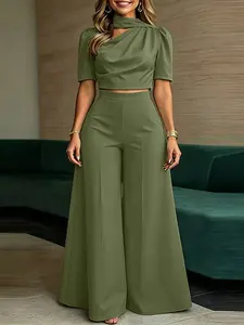 Women's Casual Suit Set, Plain Loose-Fitting Short Sleeve Top and High Waist Pants, Ideal for Daily Wear, Comfortable and Stylish