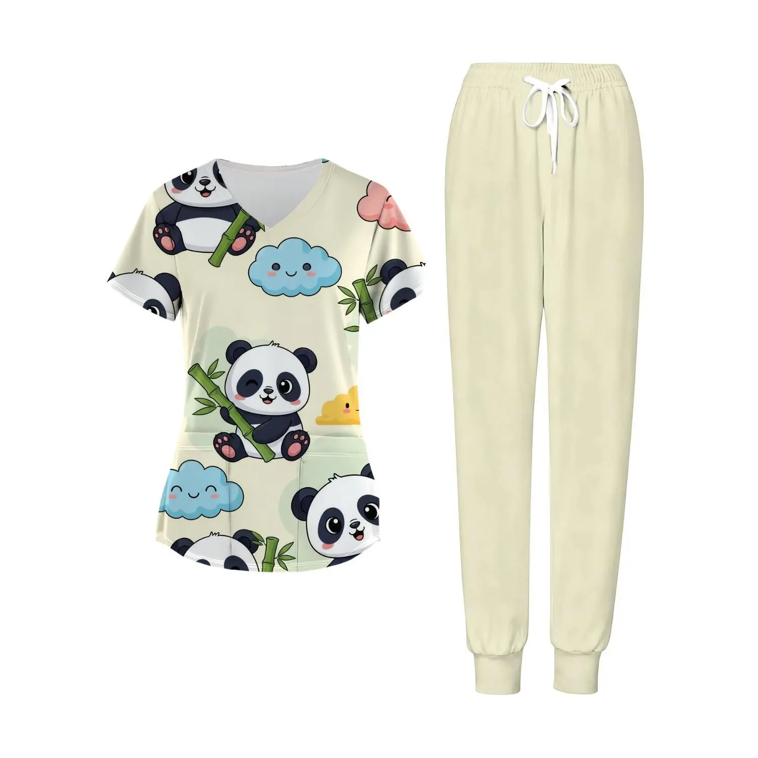 Stylish Panda-Themed Two-Piece Set with V-Neck Short-Sleeve Top and Pockets, Adorned with Cute Panda and Bamboo Cloud Design, Ideal for Casual Professional Wear in Soft Fabric