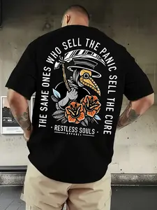 Men's "Panic Makers" Slogan T-Shirt - Statement Round Neck Short Sleeve Shirt with Eye-Catching Print, Machine Washable Casual Streetwear Suitable for Casual Attire, Year-Round & Panic Makers Message