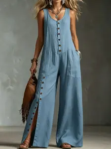 2026 New Style Linen Button Pocket Sleeveless Jumpsuit, High-End Versatile Lazy Wind Long Jumpsuit, Suitable for Commuting and Outing