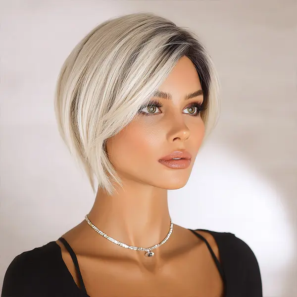 SMILCO/6Inch Ombre Black ash Platinum Short Straight Synthetic Wig/SM492 With Bangs Wig