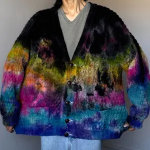 Mens 56“ Chest Black Rainbow Cardigan button up knit sweater textured pullover