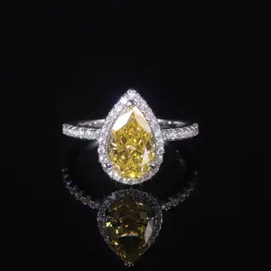 Pear Shape Diamond-fire CZ- Fancy Light Yellow Halo Engagement Rings 925 Sterling Silver Handmade Statement Ring GB