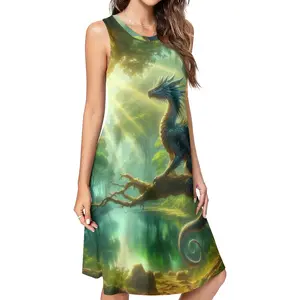 Women's Sleeveless Dress - Fantasy Forest Dragon Print | Mythical Trendy Dress