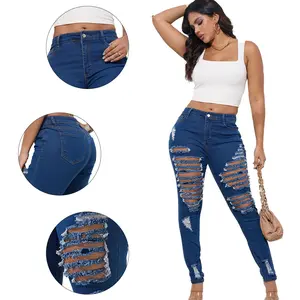 Women's Fashion Dark Wash Heavy Ripped Skinny Jeans - Distressed Denim Pants with Retro Streetwear Aesthetic